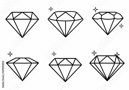 Elegant Set of Black Line Art Diamond Icons with Sparkle Details