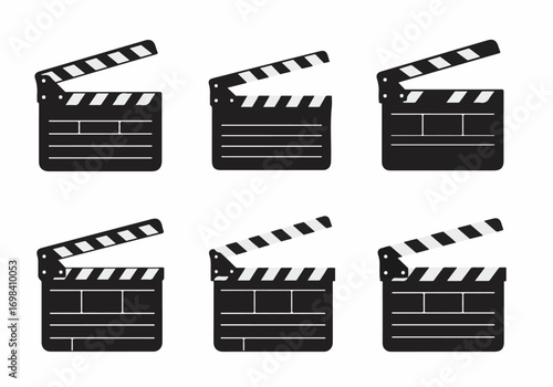 Set of Six Black and White Film Clapperboard Icons for Movie Production, Video Editing, and Entertainment Industry Concepts