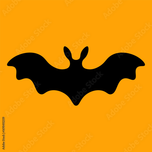 Black bat icon on orange background, vector illustration.