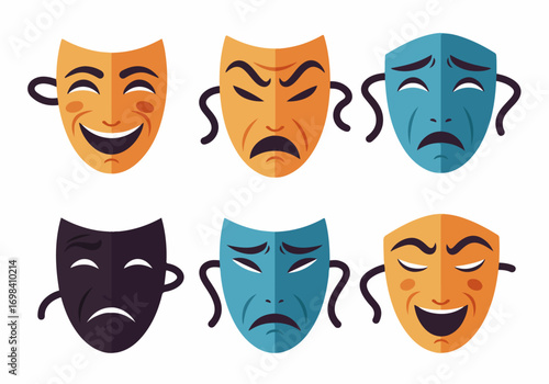 Collection of six colorful theatrical masks displaying a range of emotions: joy, anger, and sadness, for drama and emotional expression.