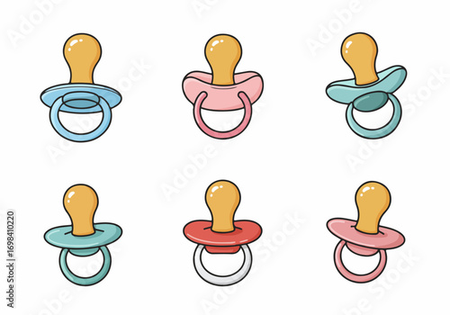 Colorful collection of baby pacifiers in various shades of blue, pink, and red, vector illustration on a white background, essential for newborns.