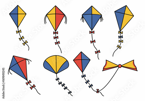 Colorful Cartoon Kites Collection: Playful Flying Toys Illustration for Children's Fun and Outdoor Activities