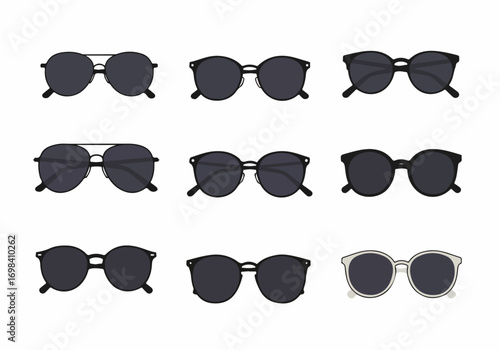 A diverse collection of flat design sunglasses illustrations, featuring various black and one light-framed styles on a clean white background.