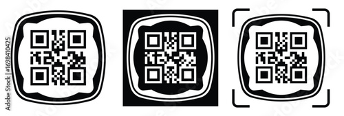 High-contrast black and white QR code with grid squares, centered in frame. Simple thin black border. Clean digital design, technical style, suitable for scanning or template use.