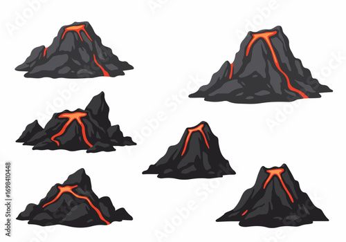 Set of Cartoon Volcanoes with Flowing Lava