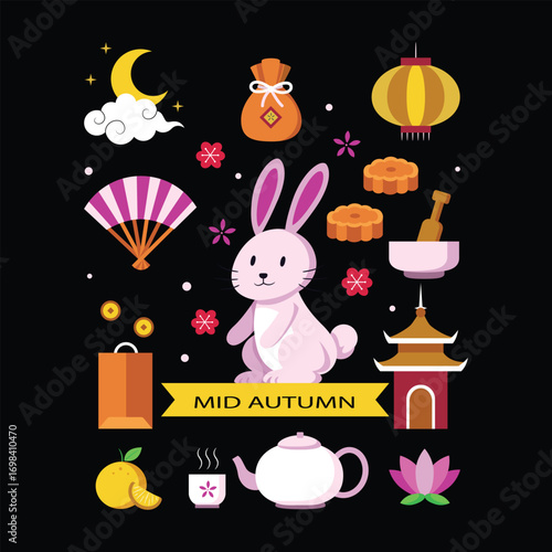 mid-autumn festival background with rabbit,mooncake and lantern.vector for horizontal design