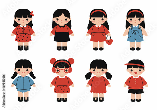Cute flat design illustration of diverse cartoon children characters. Adorable vector kids in various outfits, perfect for children's books, education, and playful projects.