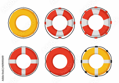 Flat vector illustration of a collection of six lifebuoys in yellow, red, and red-and-white striped designs, representing water safety and rescue equipment.