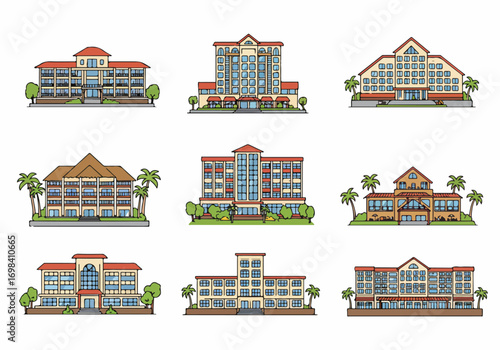 Hand-Drawn Cartoon Hotel and Resort Buildings Collection. Diverse Vector Illustrations of Accommodations with Trees for Travel and Real Estate Concepts.