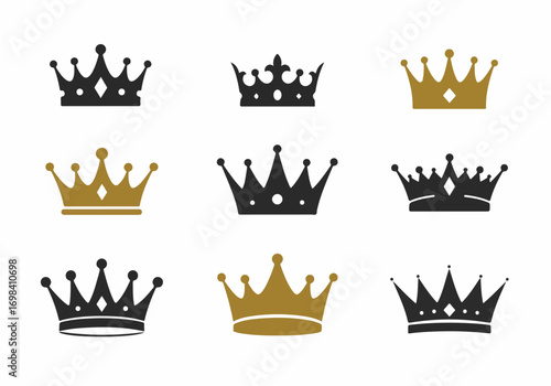 Collection of Diverse Black and Gold Crown Icons: Royalty, Success, and Premium Quality Symbols on White Background