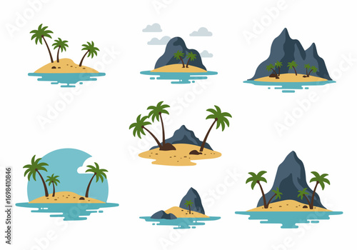 Flat design tropical island illustrations set with palm trees, sandy beaches, serene waters, and mountains, perfect for travel and vacation themes.