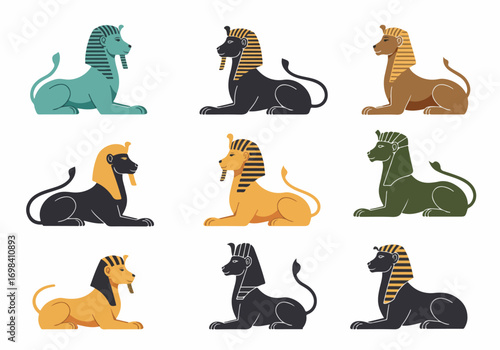 Collection of colorful stylized Egyptian sphinxes in various designs, perfect for depicting ancient history, mythology, and cultural themes on a white background.