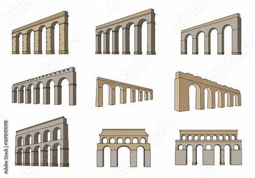 Collection of hand-drawn Roman aqueduct and arched bridge illustrations in various perspectives, depicting ancient architecture and engineering, isolated on white.