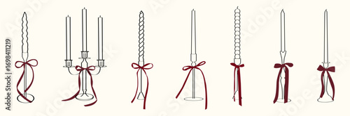 Coquette Christmas candle illustration with red ribbon bows, Minimal line art taper candles in holders. Elegant holiday decorative vector for wrapping paper, backgrounds, wallpapers, greeting cards.