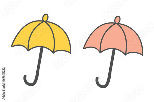 Two hand drawn umbrellas yellow and pink on white background