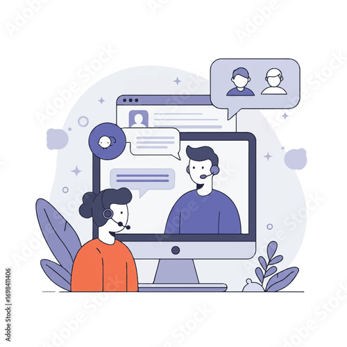 A vibrant 2D flat vector illustration depicts a customer receiving online assistance from a support agent through a chat window on a computer, showing successful problem resolution.