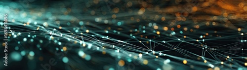 Abstract digital network of glowing lights and interconnected lines.