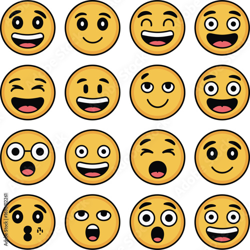 Set of yellow emoji and emoticon faces in vector graphic format on a white background. This collection represents a variety of emotions and expressions, perfect for digital designs. Vector emoji