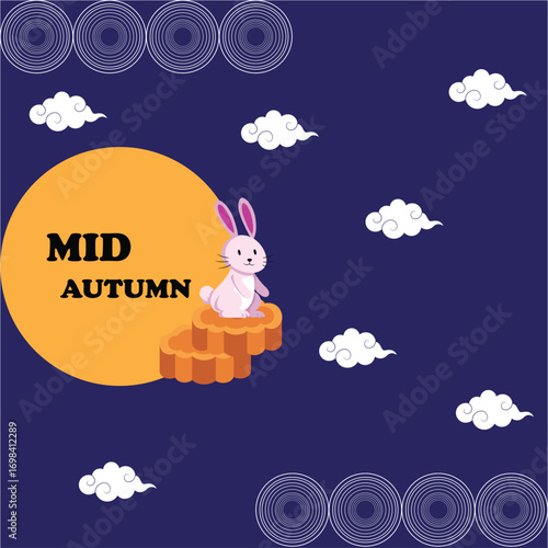  mid-autumn festival background with rabbit, mooncake and lantern.vector for horizontal design