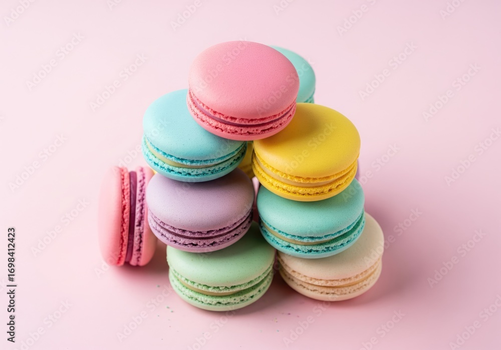 Obraz premium Colorful macarons stacked on a pink background