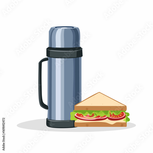 Thermos, lunch paper bag and sandwich. Vacuum flask with hot drink, food for outdoor adventures, travel.
