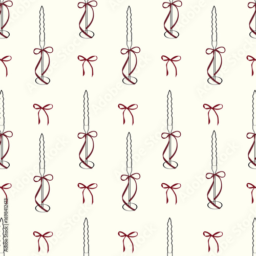 Coquette Christmas candle seamless pattern with red ribbon bows. Minimal line art holiday taper candles design for wrapping paper, gift packaging, fabric, wallpapers, backgrounds. 