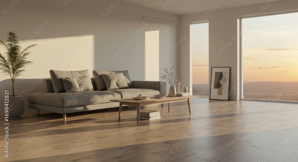 Fototapeta premium Bright interior with sofa plant table and framed art by a window overlooking a scenic landscape