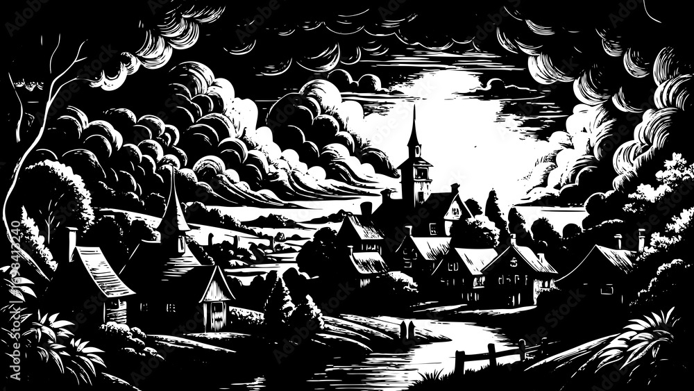 Fototapeta premium Whimsical Artistic Depictions of Cozy Villages in Enchanting Rural Settings