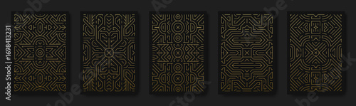 Art deco pattern. Tarot magic card. Mystic geometric engraving texture. Gatsby deck. Premium ornament. Classic foil ornament print. Gold line shape motif. Vector abstract backgrounds set