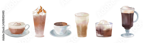 Coffee drinks. Cafe barista menu. Ice beverage cup. Hot latte glass. Cold frappe. Espresso or milk foam cappuccino. Watercolor caffeine americano. Vector restaurant isolated icons set