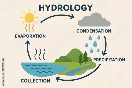 Hydrological Water Cycle Illustration with Evaporation and Condensation for Education