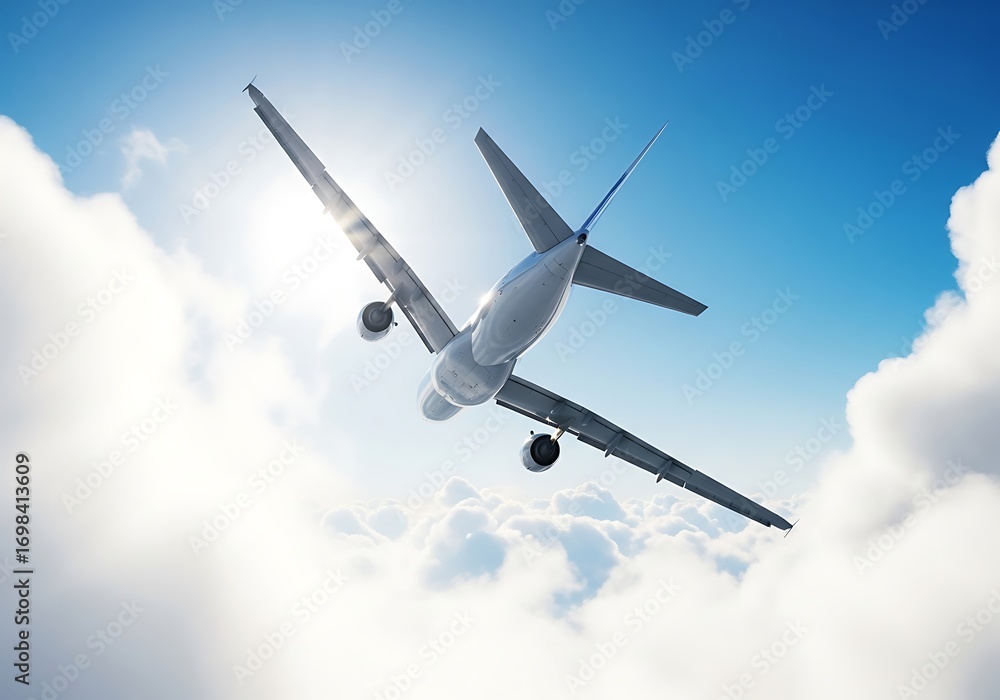 Obraz premium Airplane flying through the clouds with a bright sun shining above, creating a sense of adventure