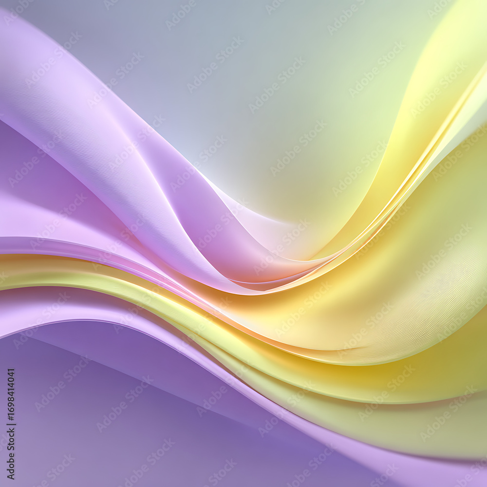 Fototapeta premium Abstract, soft, and flowing waves of light purple and yellow hues create a harmonious gradient, evoking gentle movement and a serene, ethereal aesthetic. 