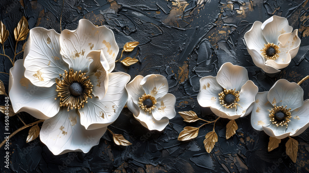 Fototapeta premium subtly textured white and gold painted flowers, Generative AI