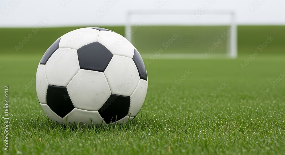Fototapeta premium Soccer Ball on Dewy Grass with Goal in Background