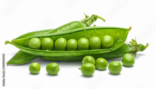 Fresh green peas in pod small round vegetable nutritious organic food isolated on white background
