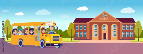 School bus. Kids ride in auto van. Schoolchildren go to college. Primary academy. Cartoon children in car. Trip to campus. Boy and girl studying. Students in yellow vehicle. Vector concept