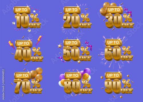 Gold numbers. 3D discount off percent. Golden percentage on podium. Big gift bonus number. Balloon and confetti on price ad. Shop promotion text font. Vector special offer icons set