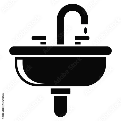 Black and white icon of a modern bathroom sink with a faucet