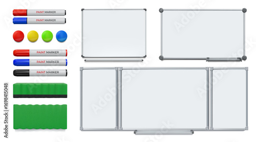 Presentation board. Office whiteboard. Business white notice board with marker pen and duster. Realistic classroom blackboard. School education. Vector isolated learning equipment set