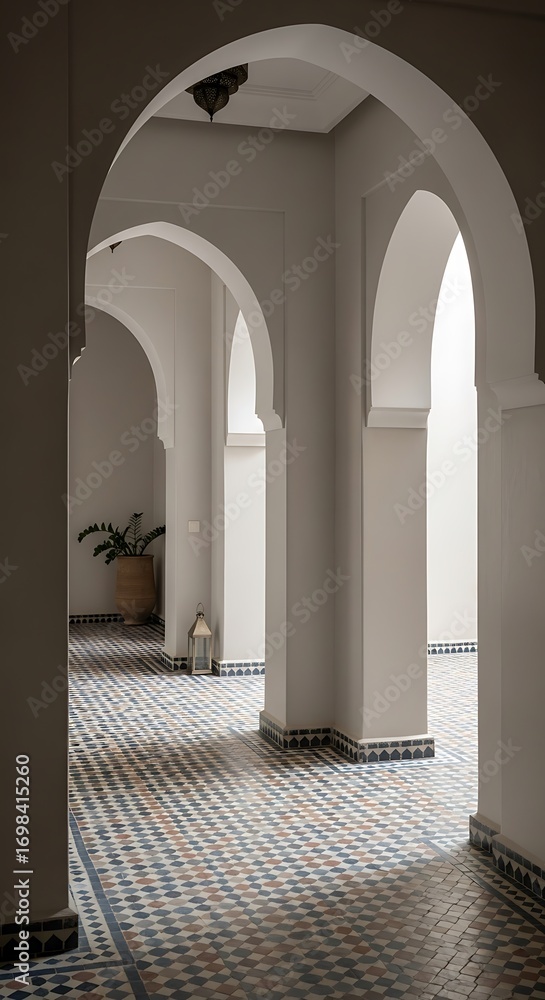 Fototapeta premium Elegant Moroccan Riad Hallway with Arched Entryways, Patterned Tiled Floor, and Decorative Elements