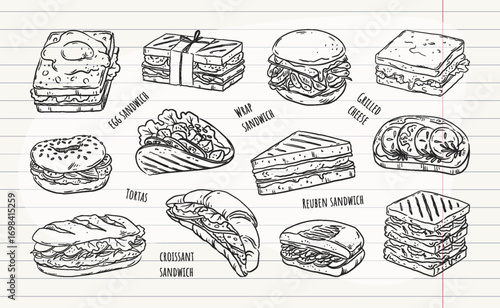 Food doodle line sketch. Deli sandwich icon. Hand drawn cafe menu. Notepad page graphic. Bread with meat ham and tomato slices. Snacks for picnic. Egg croissant. Vector burgers set