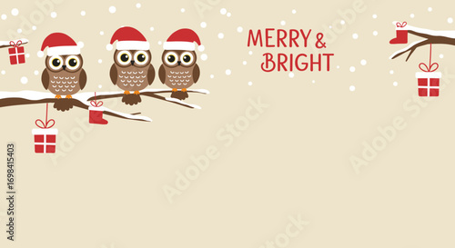The background with three owls in Santa's hats on trees with festive gifts, for Christmas cards and New Year's decor