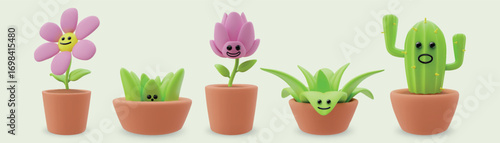 3d plants. Flower cactus characters, cute succulent face in pot or green kawaii flowerpot. Decorative sansevieria, houseplants in pots. Glossy render cartoon isolated vector illustration