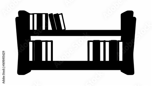 Illustration of a two shelf bookcase filled with books in a black silhouette against a white background