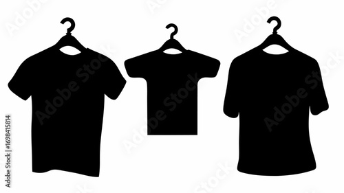 Three black t shirts hanging on hangers in a row against a white background in a silhouette style