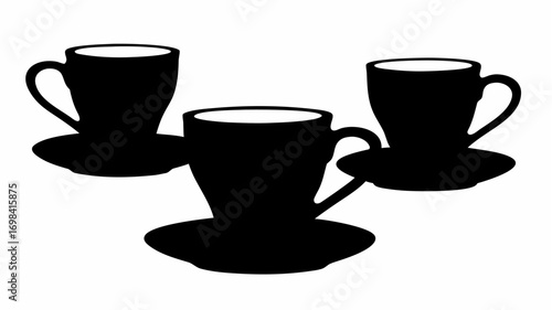 Three black coffee cups with saucers arranged in a triangular formation on a white background design style silhouette
