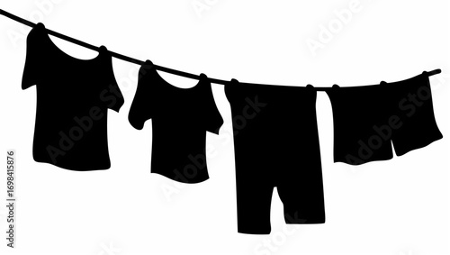 Silhouette of clothes hanging on a clothesline including shirts pants and shorts in black and white style
