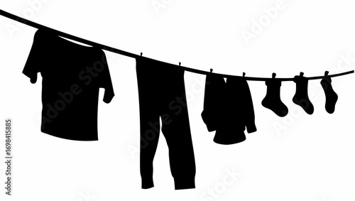 Silhouette of clothesline with hanging shirt pants sweater and socks against a white background scene view