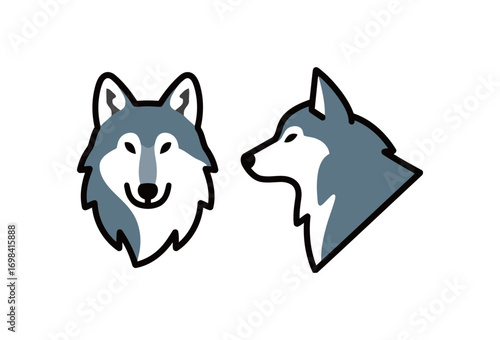 A pair of simple, flat, gray-scale vector illustrations showing a wolf's head from both the front and side, in a clean, minimalist style.
